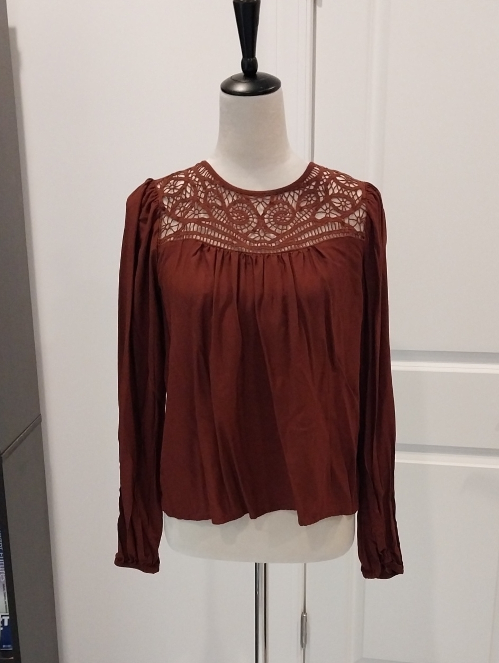 LOFT Rust Crochet Yoke Long-Sleeve Blouse